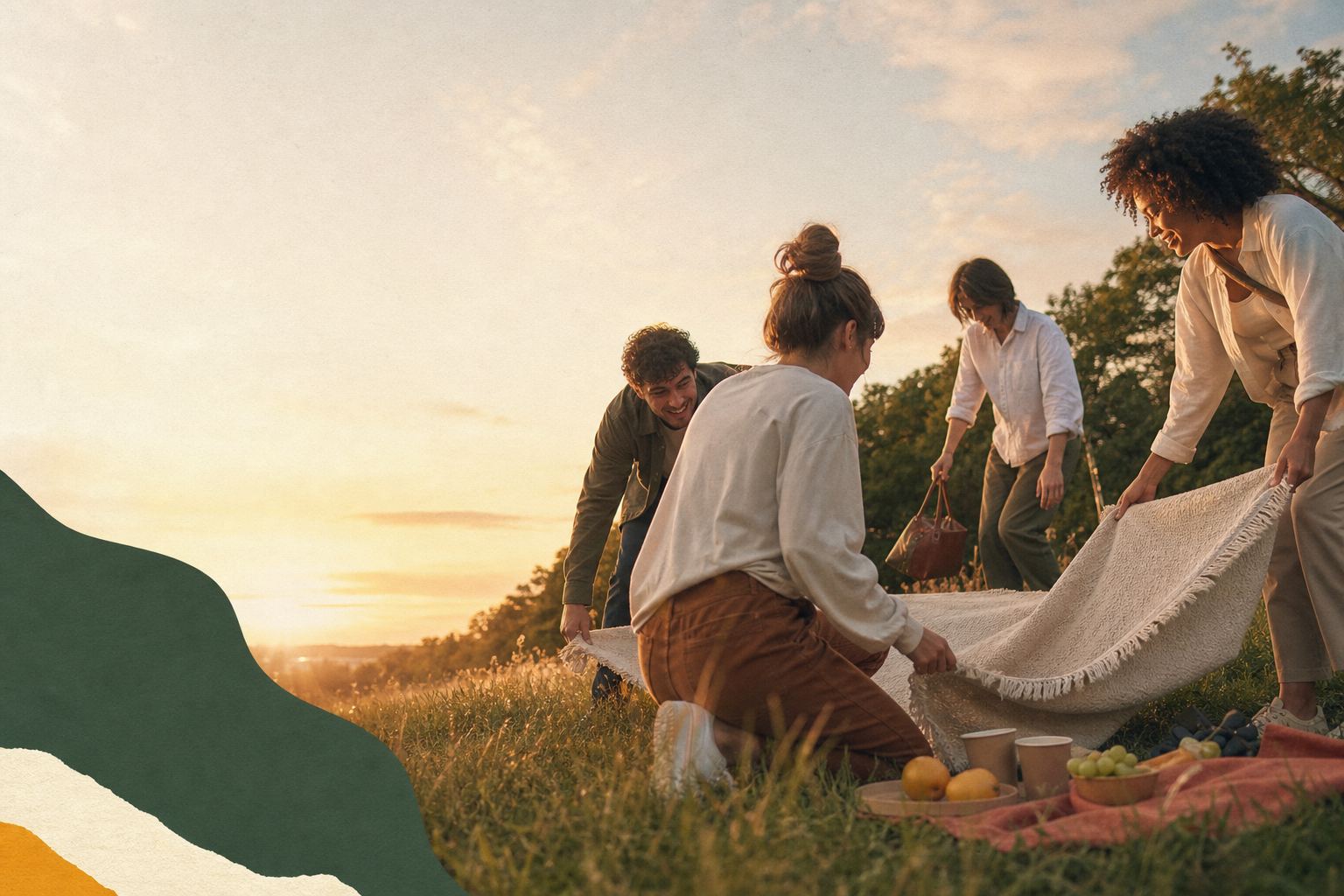 Friends spreading out a picnic blanket together in a park at sunset
